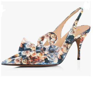 YDN Blue Floral Stiletto Heel Pumps Bow Pointed Toe Slingback Slip on Sandals D